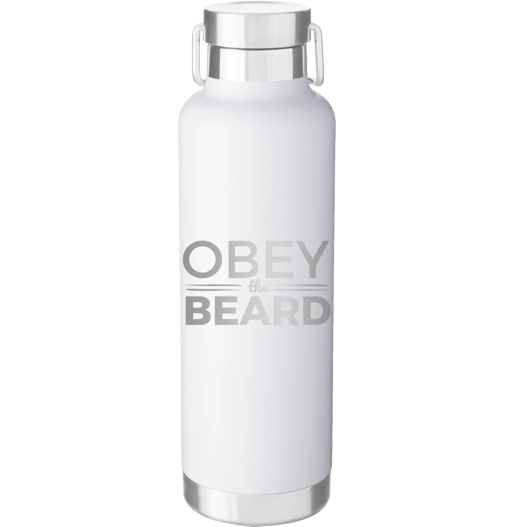Laser etched white 24 oz vacuum insulated water bottle with 'Obey the Beard' design