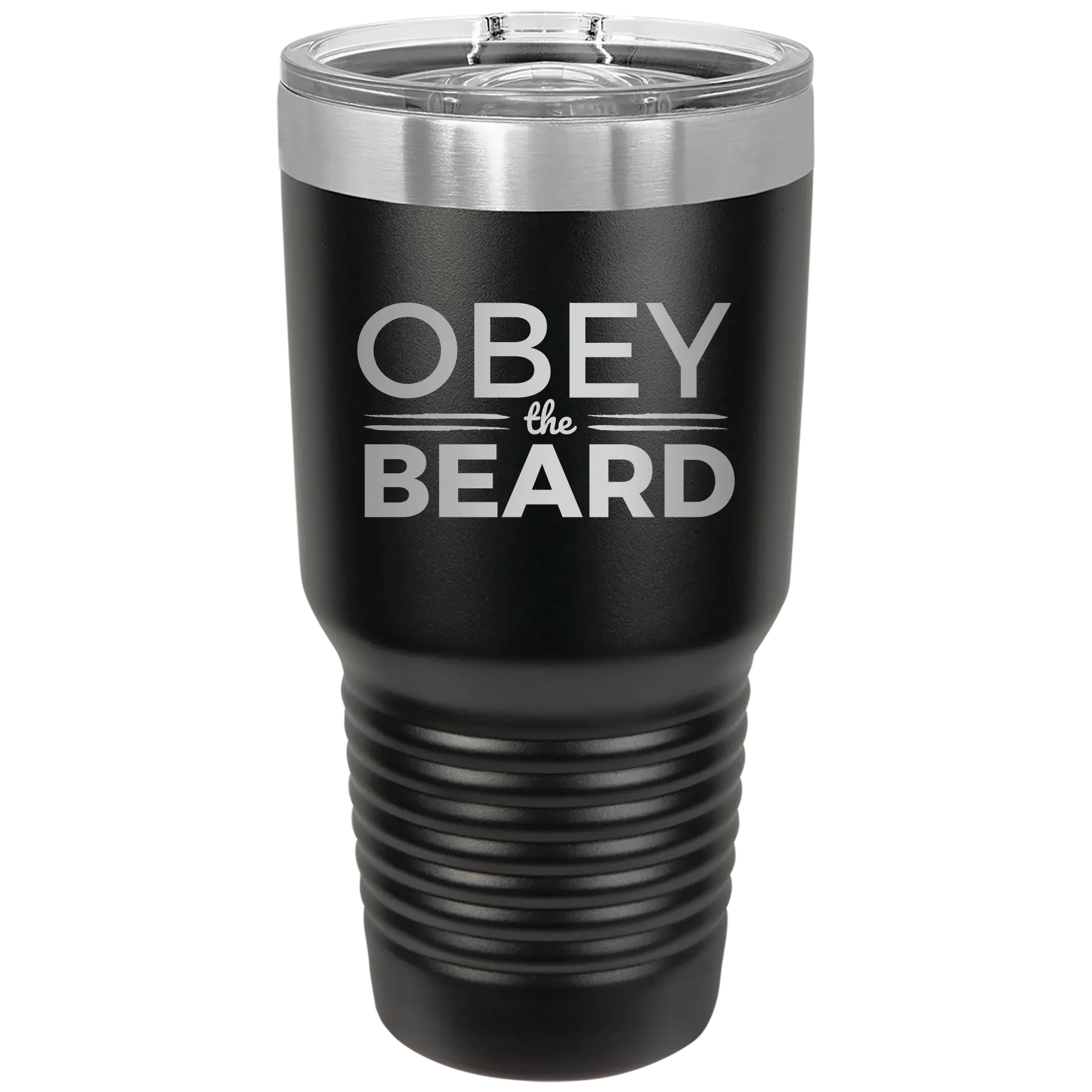 Laser etched black 30 oz vacuum insulated tumbler with 'Obey the Beard' design