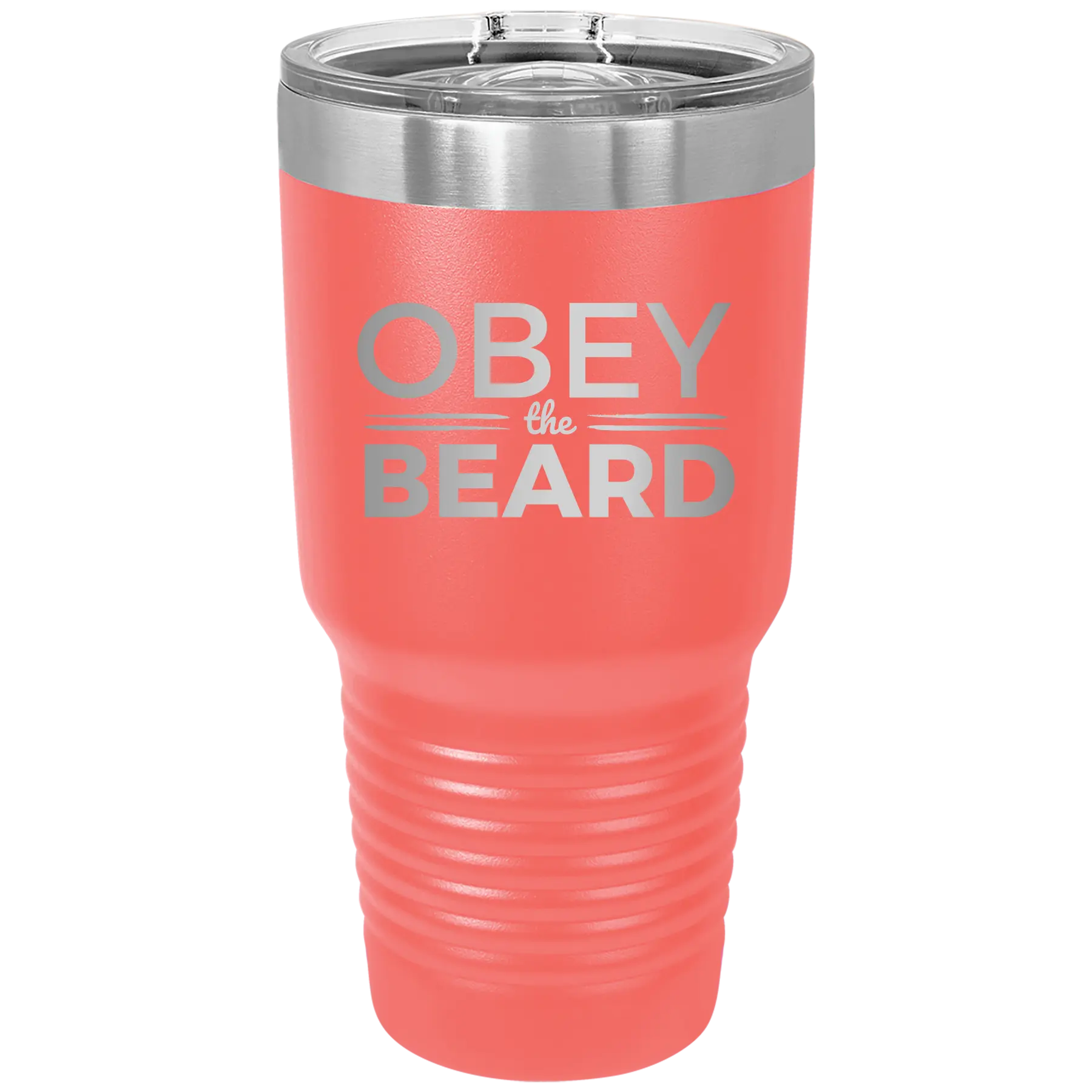 Laser etched coral 30 oz vacuum insulated tumbler with 'Obey the Beard' design