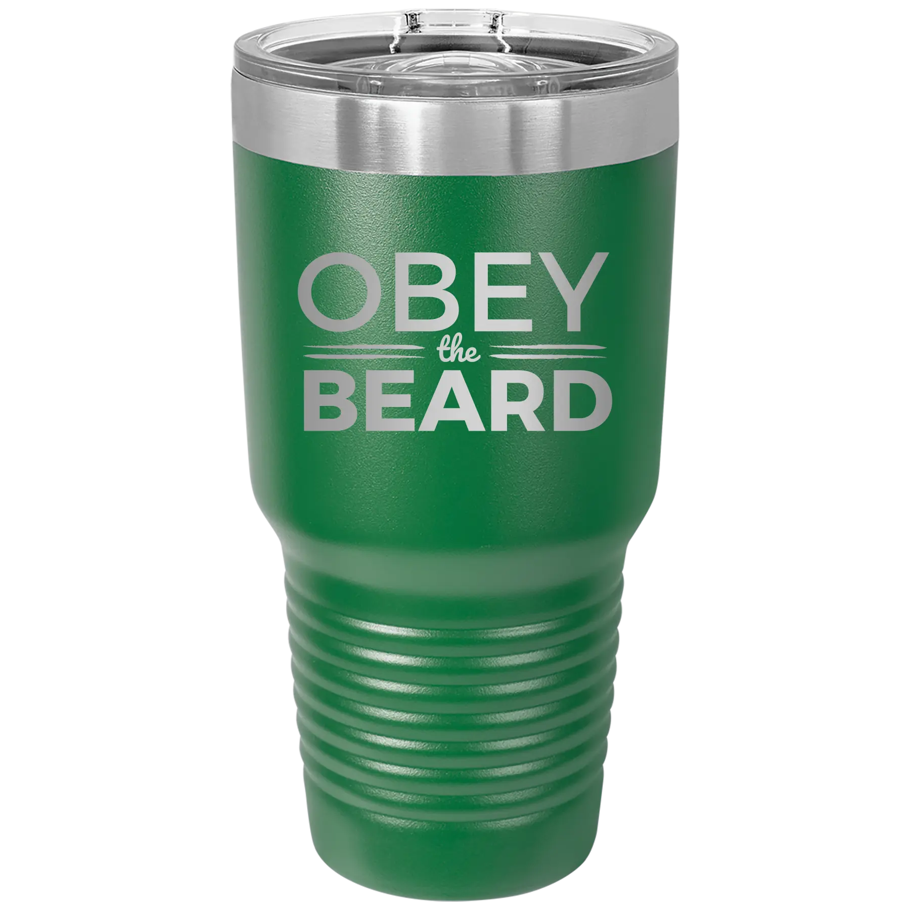 Laser etched green 30 oz vacuum insulated tumbler with 'Obey the Beard' design