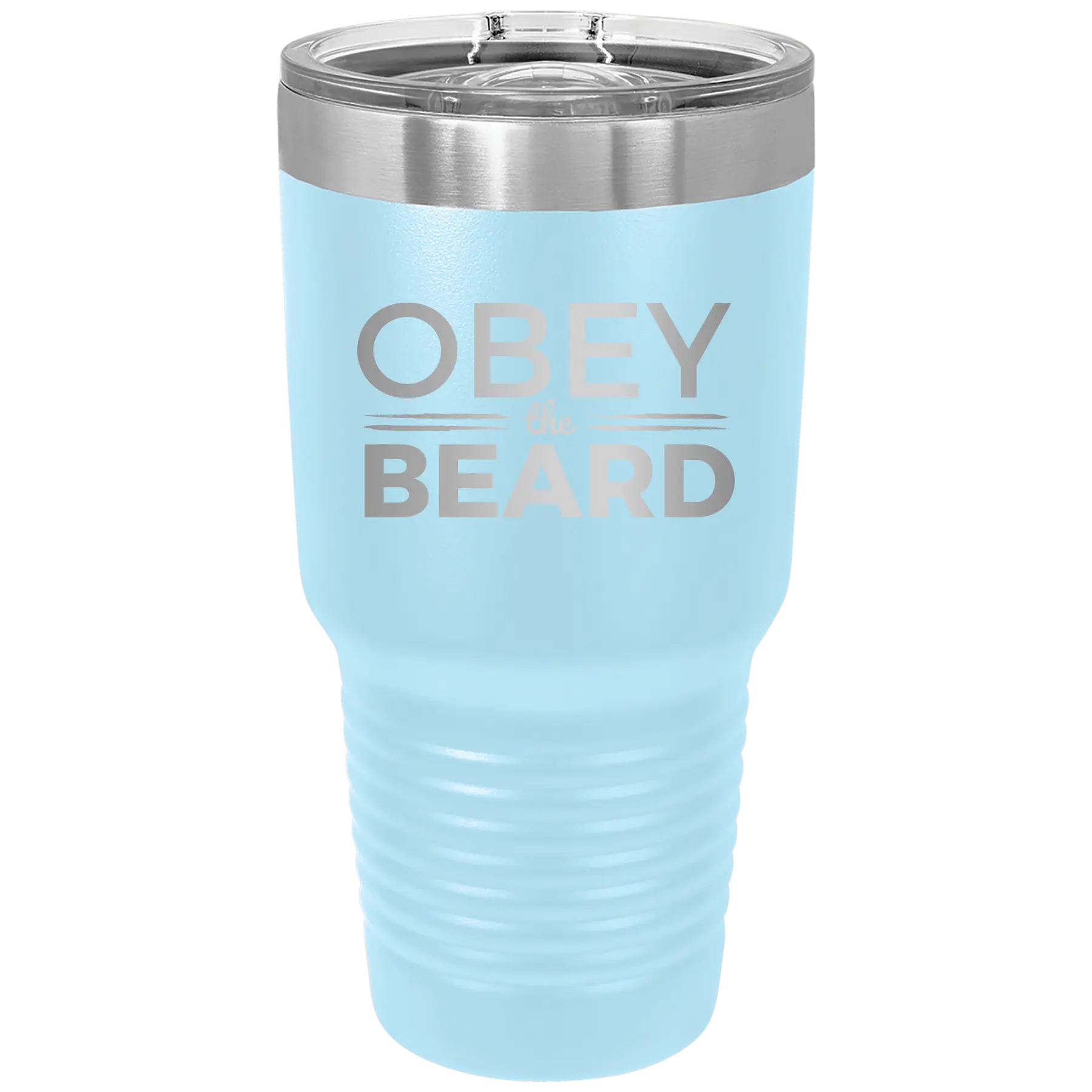 Laser etched light blue 30 oz vacuum insulated tumbler with 'Obey the Beard' design