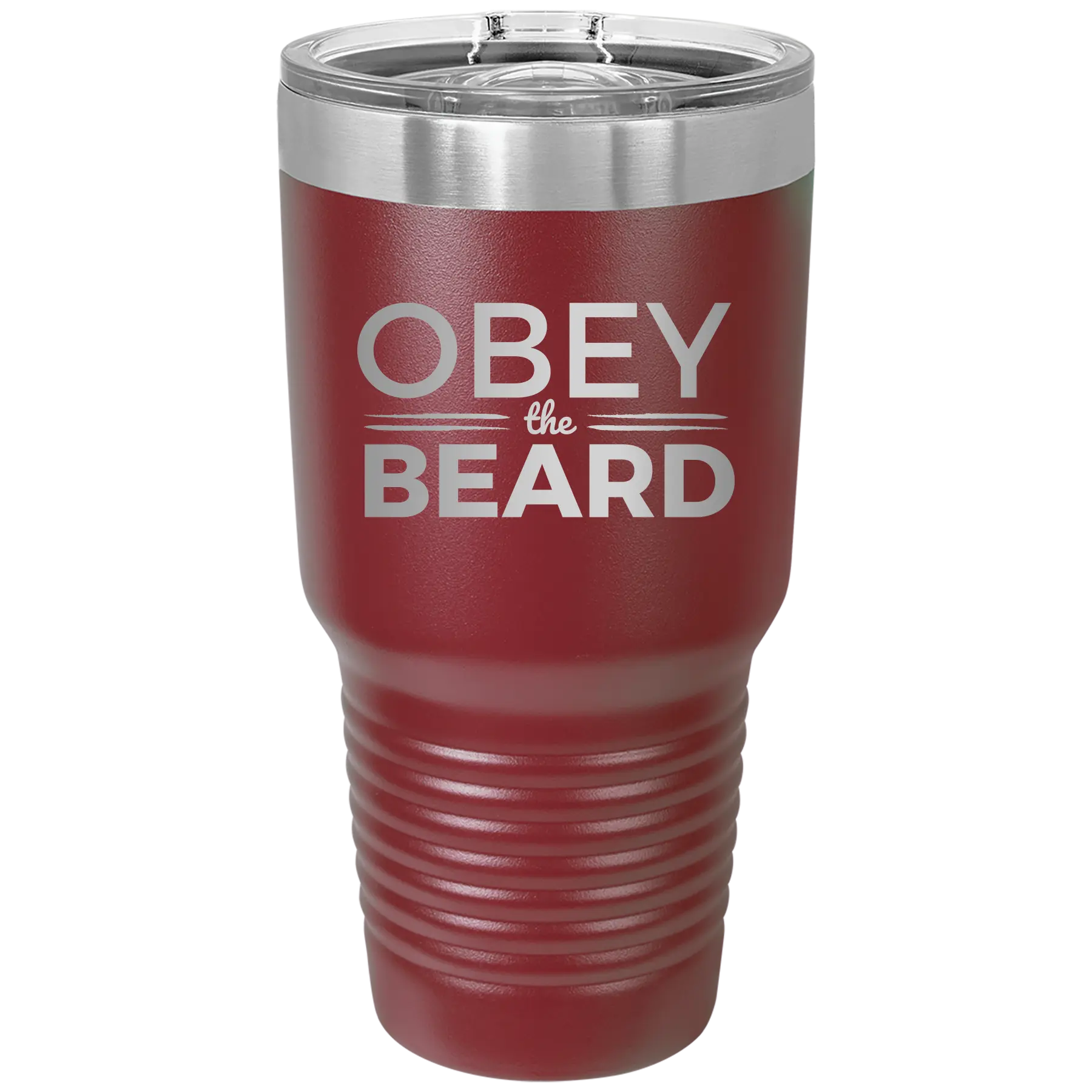 Laser etched maroon 30 oz vacuum insulated tumbler with 'Obey the Beard' design