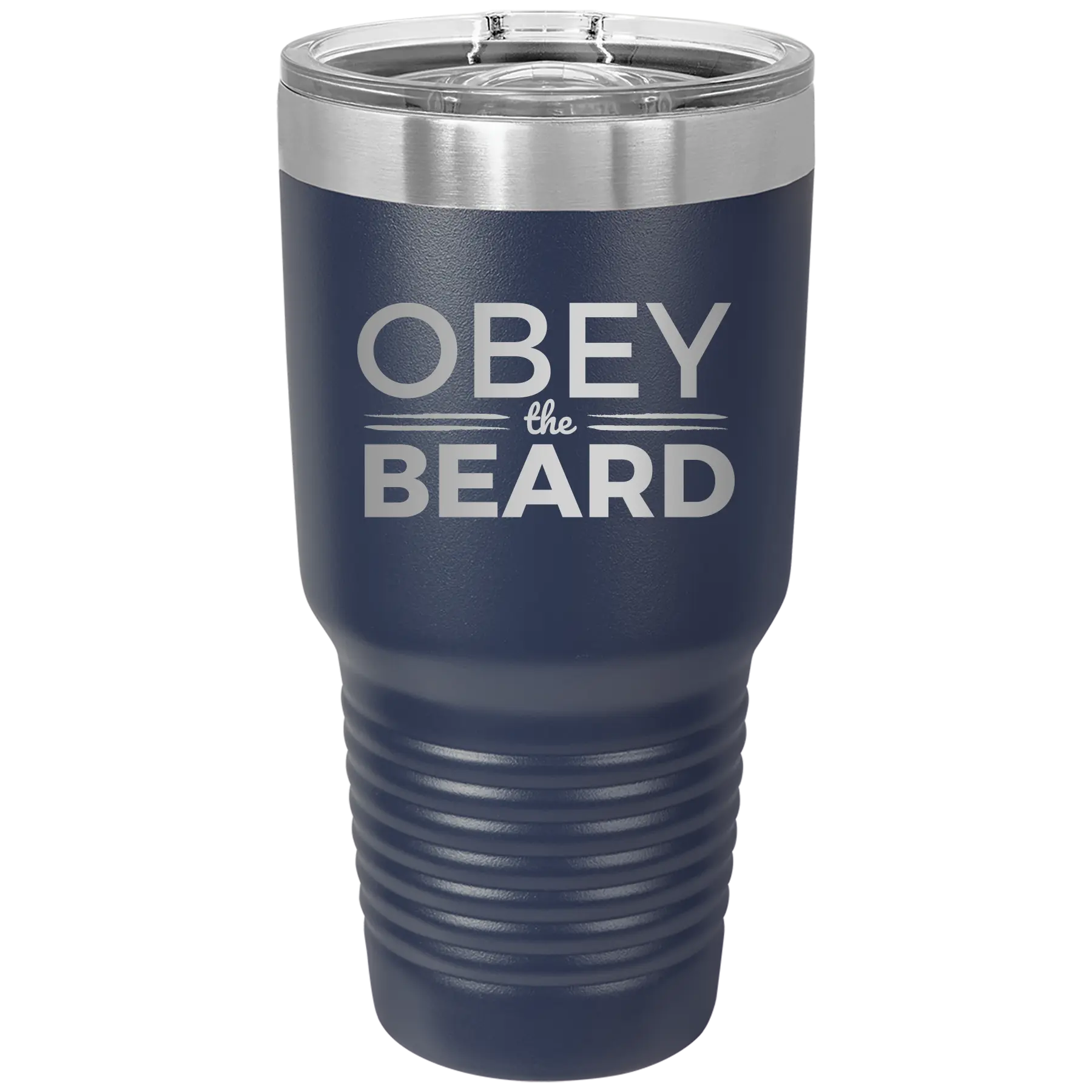 Laser etched navy 30 oz vacuum insulated tumbler with 'Obey the Beard' design