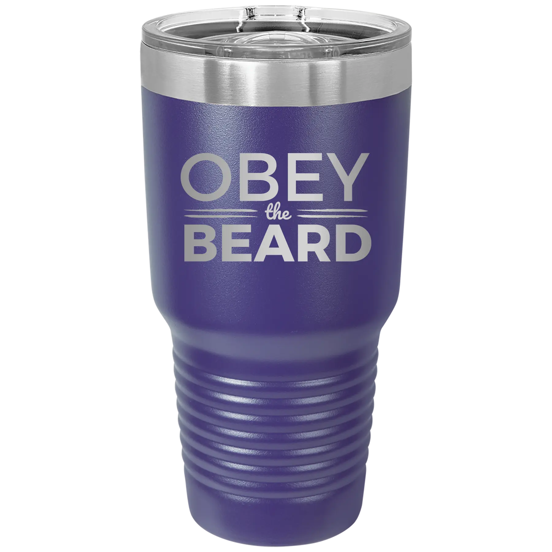 Laser etched purple 30 oz vacuum insulated tumbler with 'Obey the Beard' design