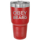 Laser etched red 30 oz vacuum insulated tumbler with 'Obey the Beard' design