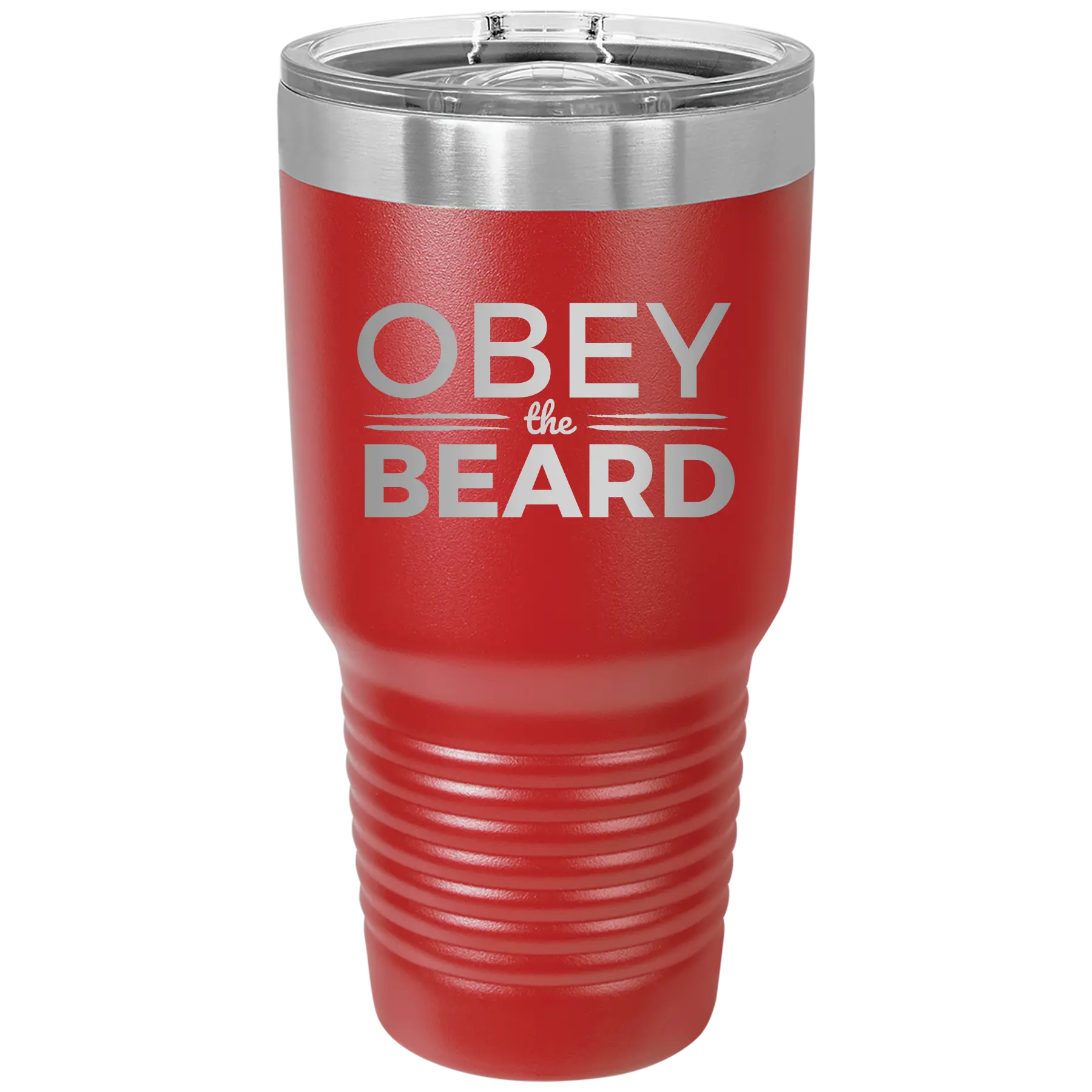Laser etched red 30 oz vacuum insulated tumbler with 'Obey the Beard' design