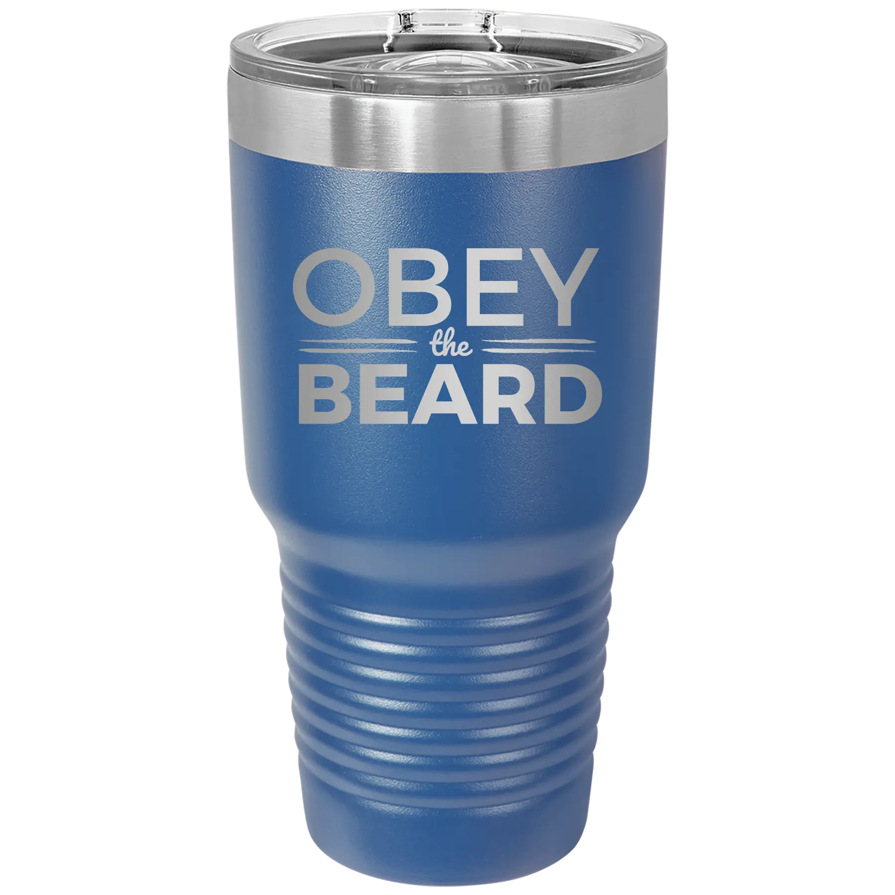 Laser etched royal blue 30 oz vacuum insulated tumbler with 'Obey the Beard' design