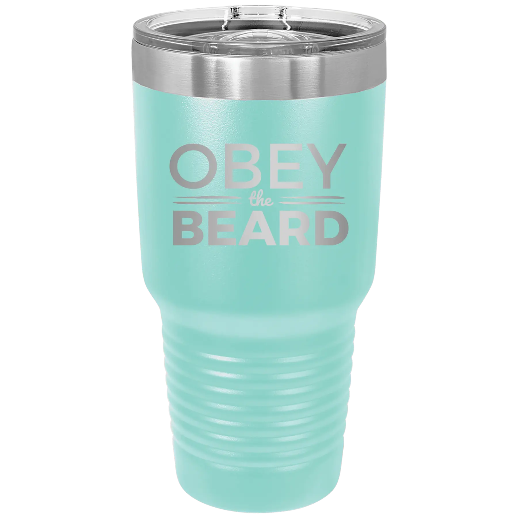 Laser etched teal 30 oz vacuum insulated tumbler with 'Obey the Beard' design