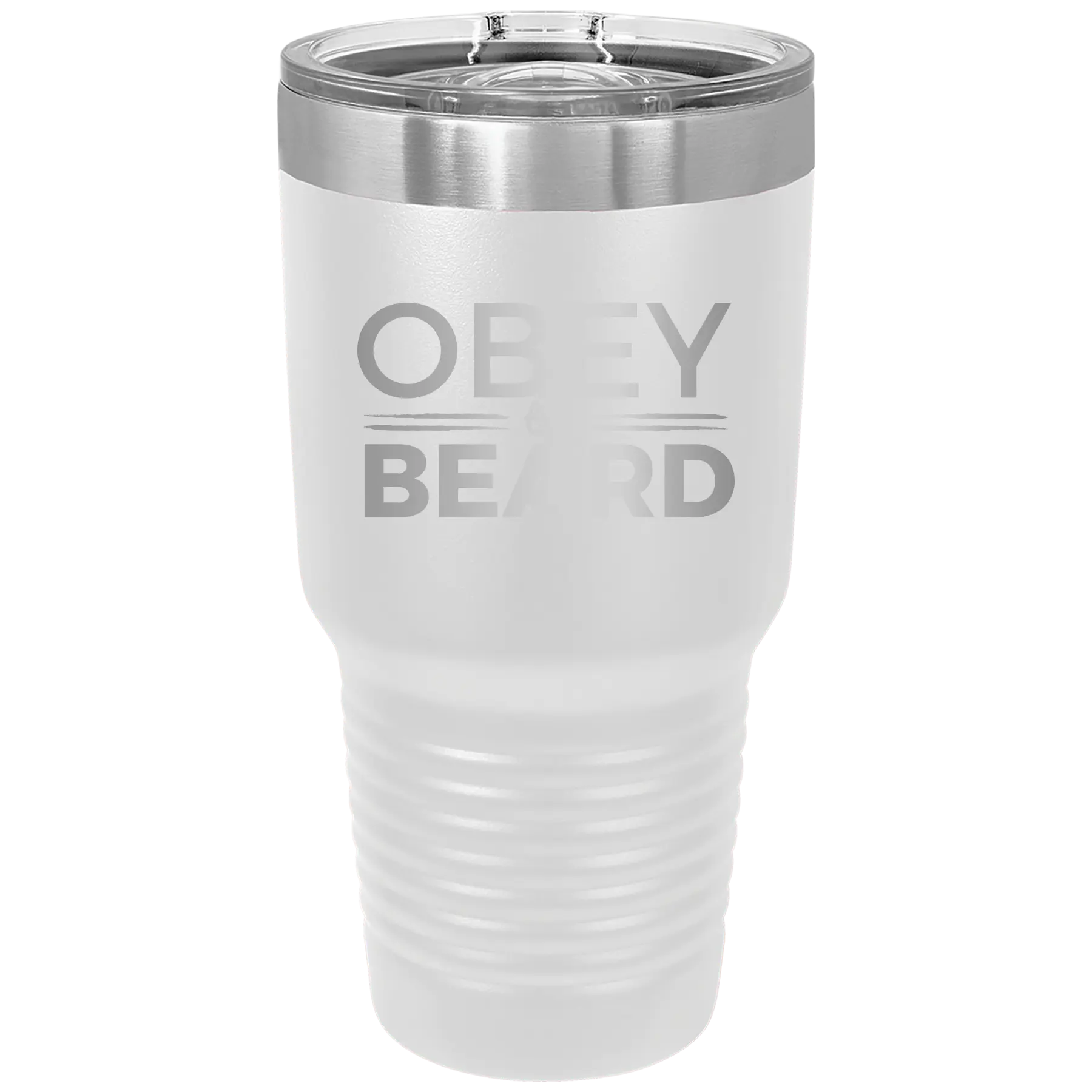 Laser etched white 30 oz vacuum insulated tumbler with 'Obey the Beard' design