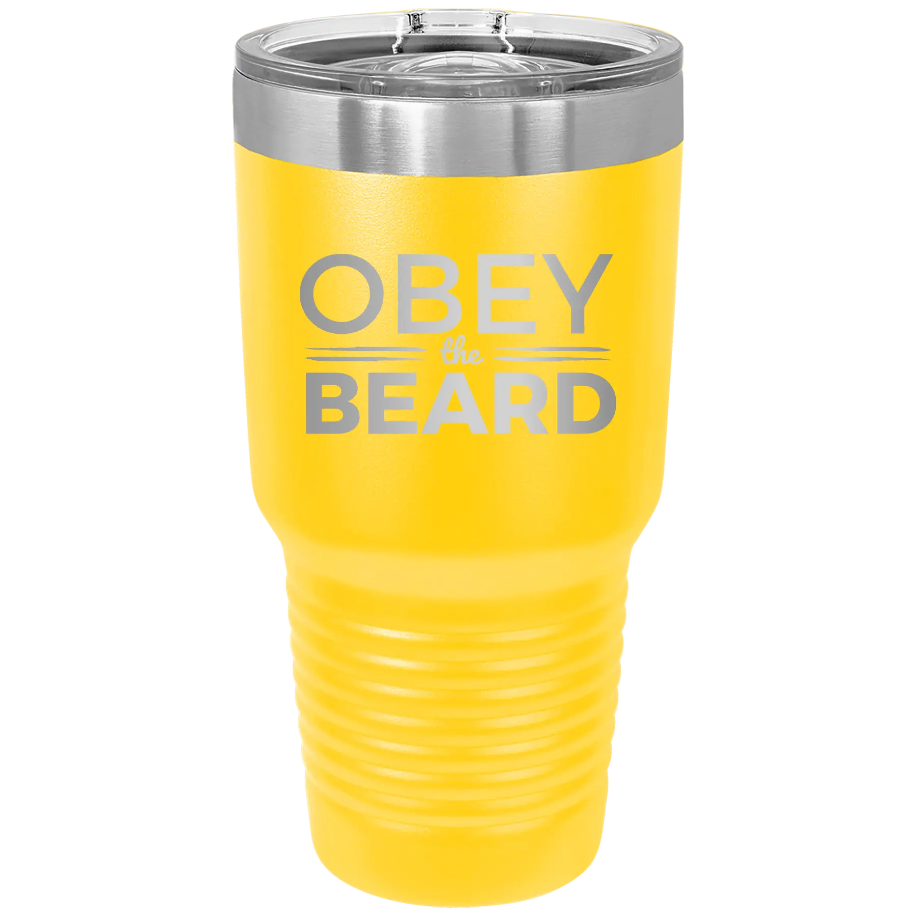 Laser etched yellow 30 oz vacuum insulated tumbler with 'Obey the Beard' design