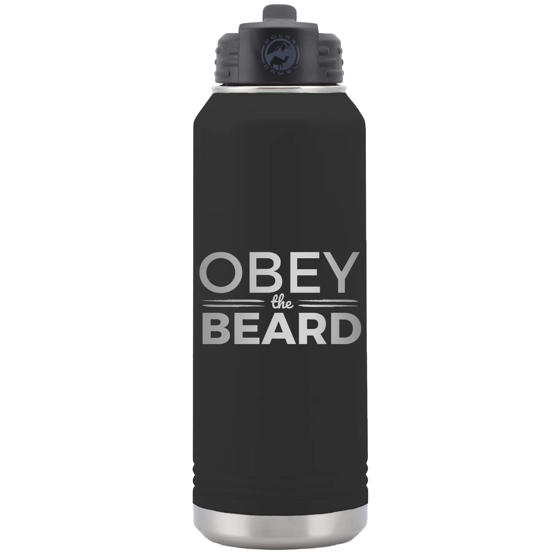 Laser etched black 32 oz vacuum insulated water bottle with 'Obey the Beard' design