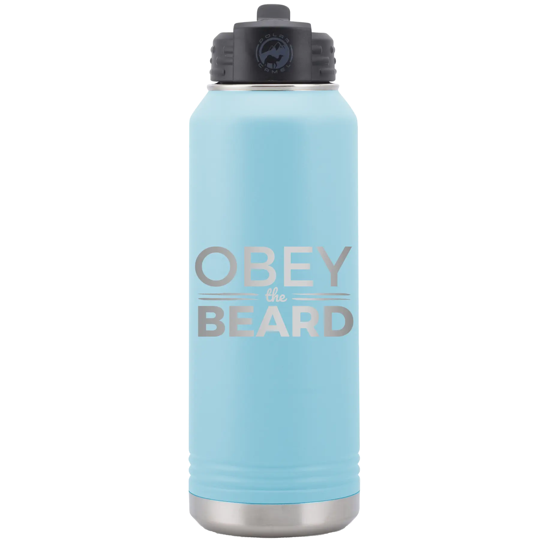 Laser etched light blue 32 oz vacuum insulated water bottle with 'Obey the Beard' design