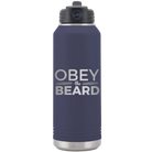 Laser etched navy 32 oz vacuum insulated water bottle with 'Obey the Beard' design