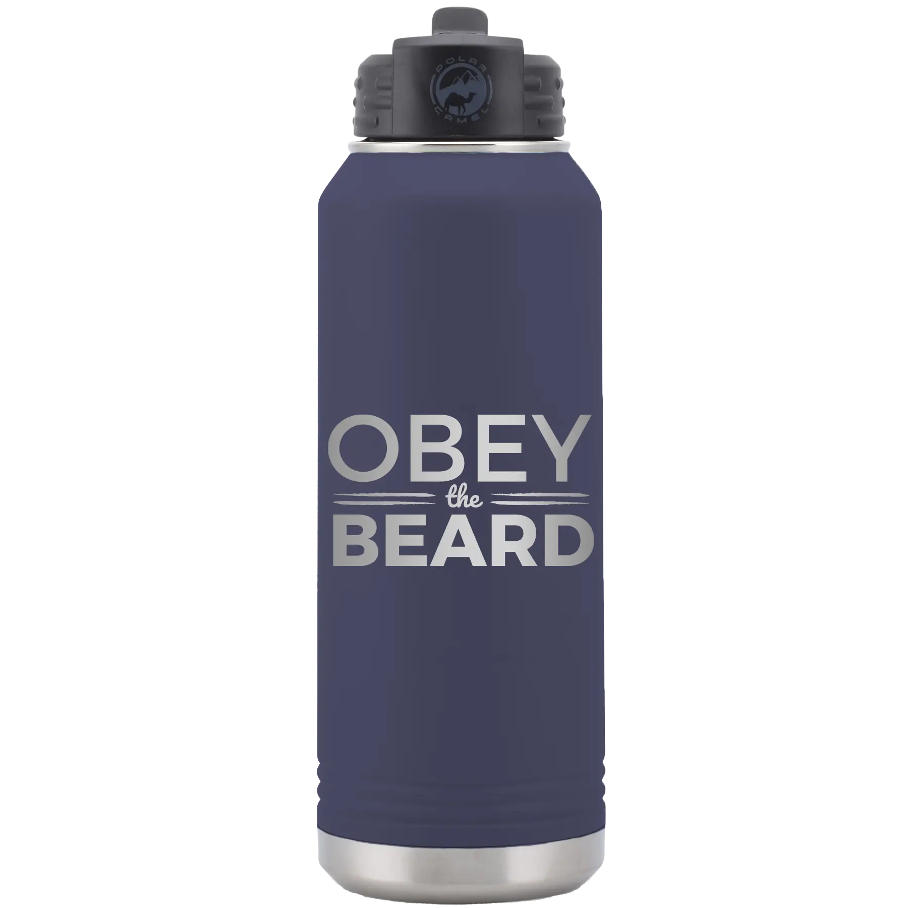 Laser etched navy 32 oz vacuum insulated water bottle with 'Obey the Beard' design