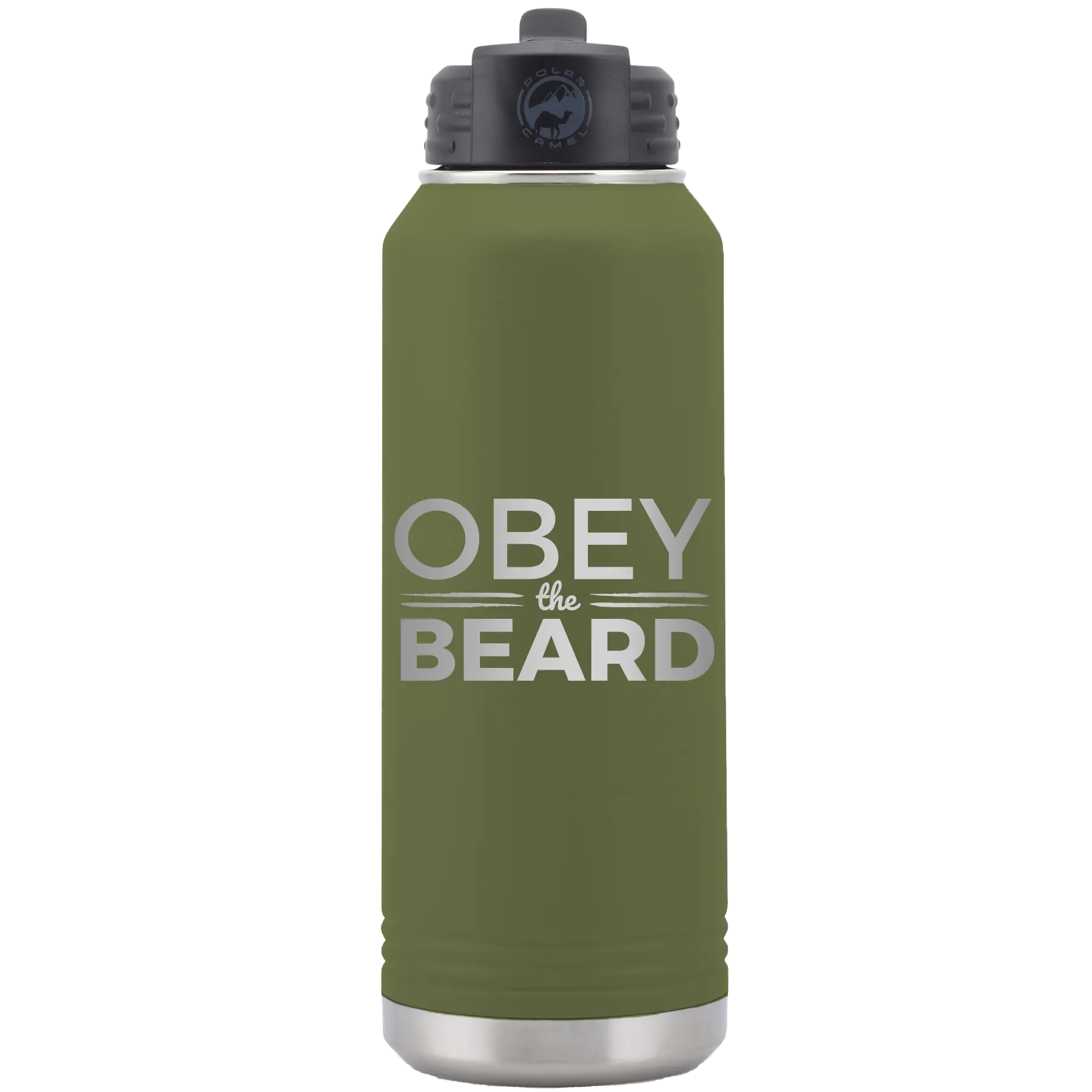 Laser etched olive green 32 oz vacuum insulated water bottle with 'Obey the Beard' design