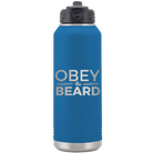 Laser etched royal blue 32 oz vacuum insulated water bottle with 'Obey the Beard' design