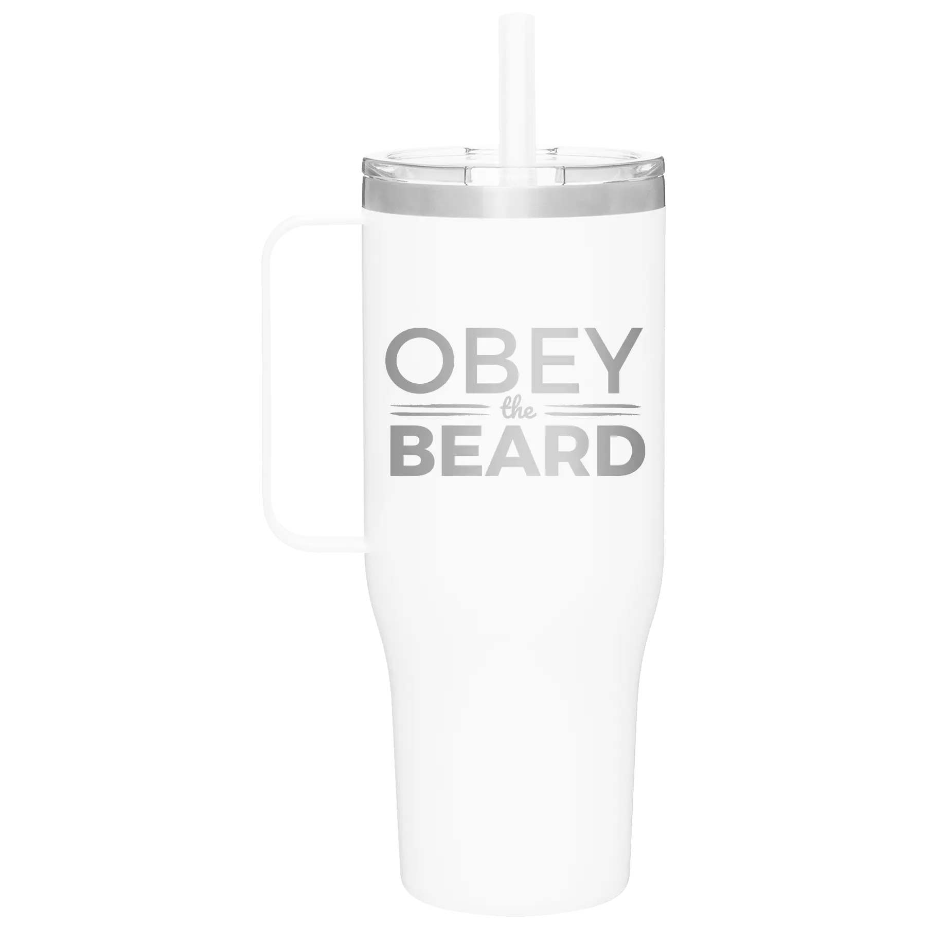 Laser etched white 40 oz vacuum insulated tumbler mug with 'Obey the Beard' design