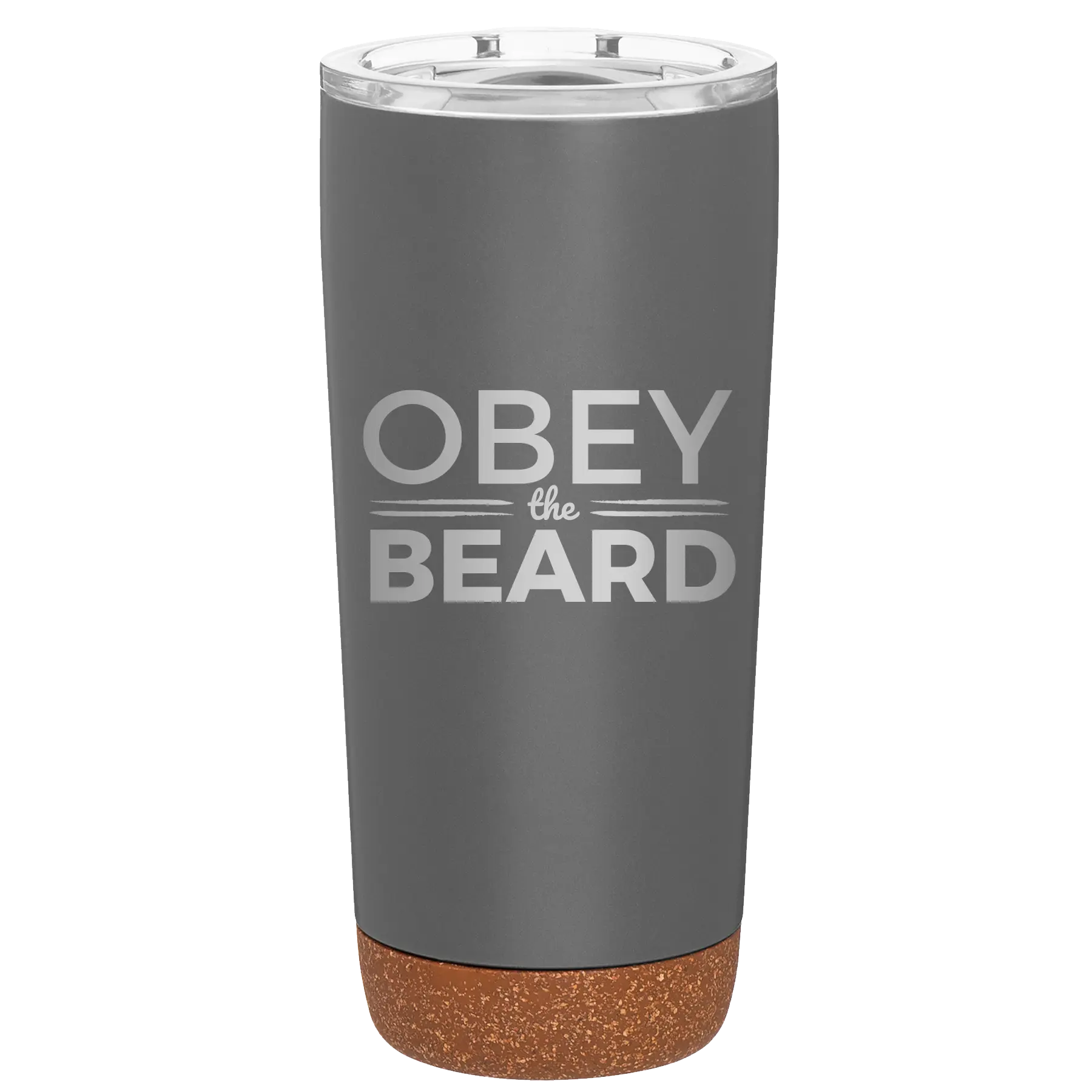 Laser etched storm gray 20 oz vacuum insulated tumbler with 'Obey the Beard' design