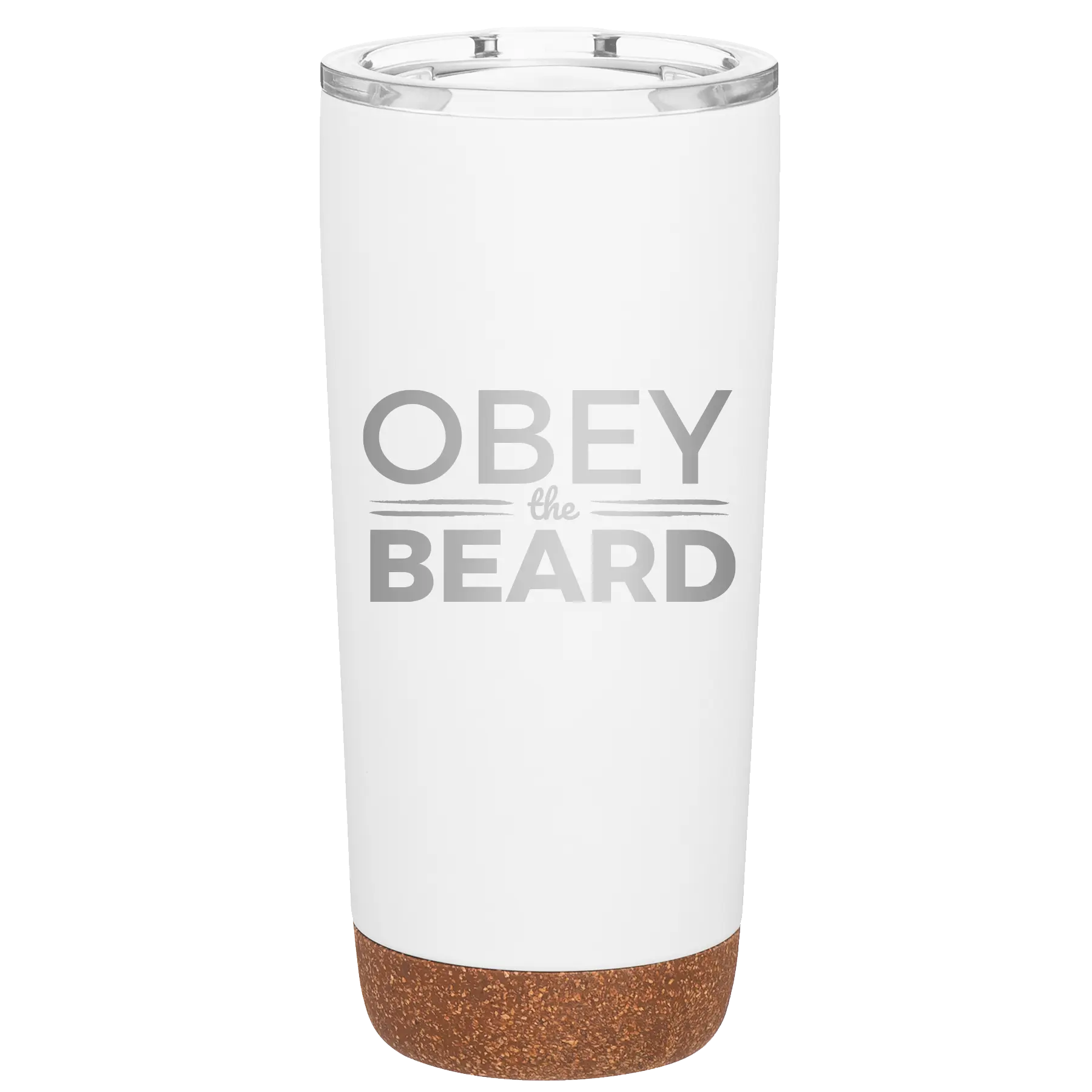 Laser etched white 20 oz vacuum insulated tumbler with 'Obey the Beard' design