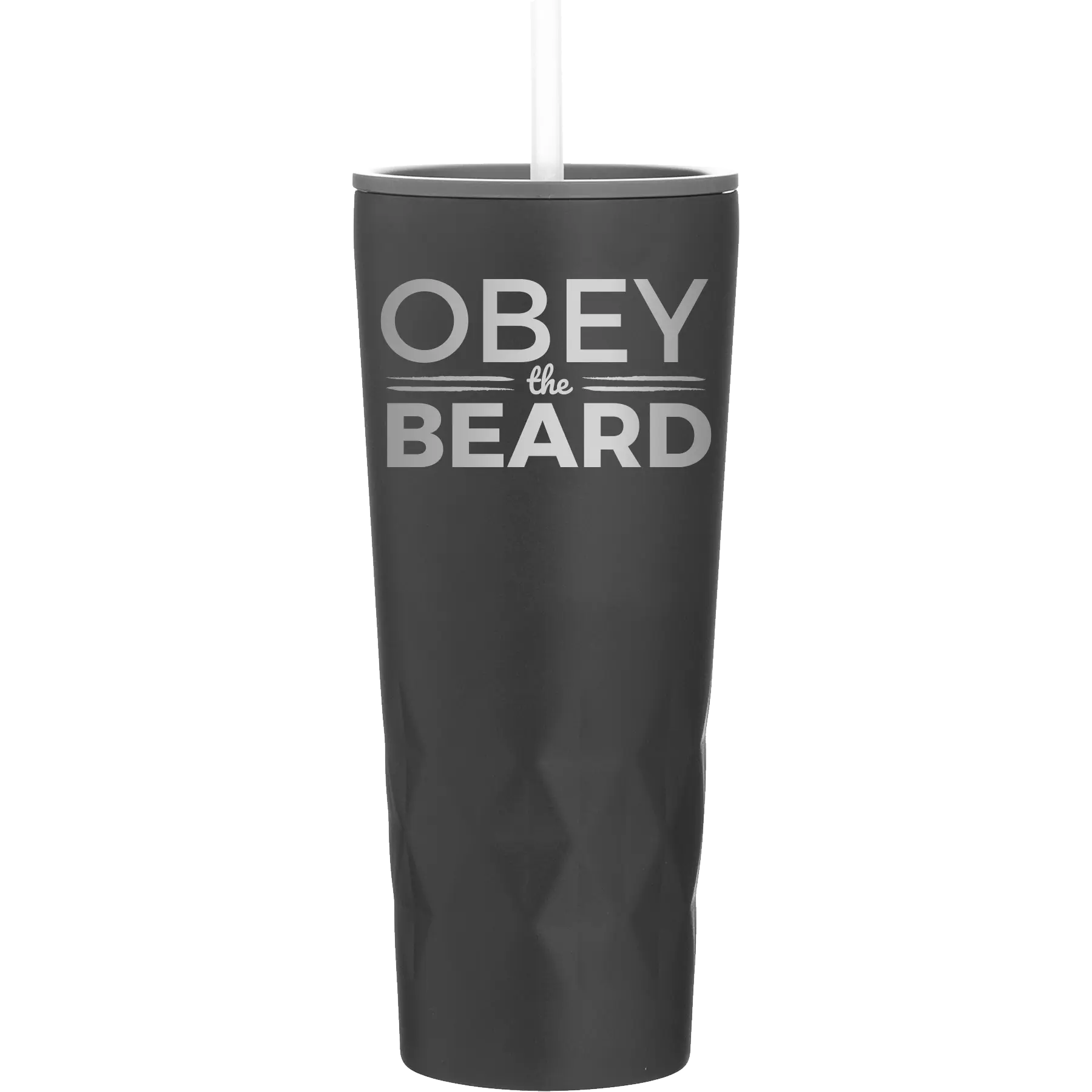 Laser etched black 20 oz vacuum insulated tumbler with 'Obey the Beard' design