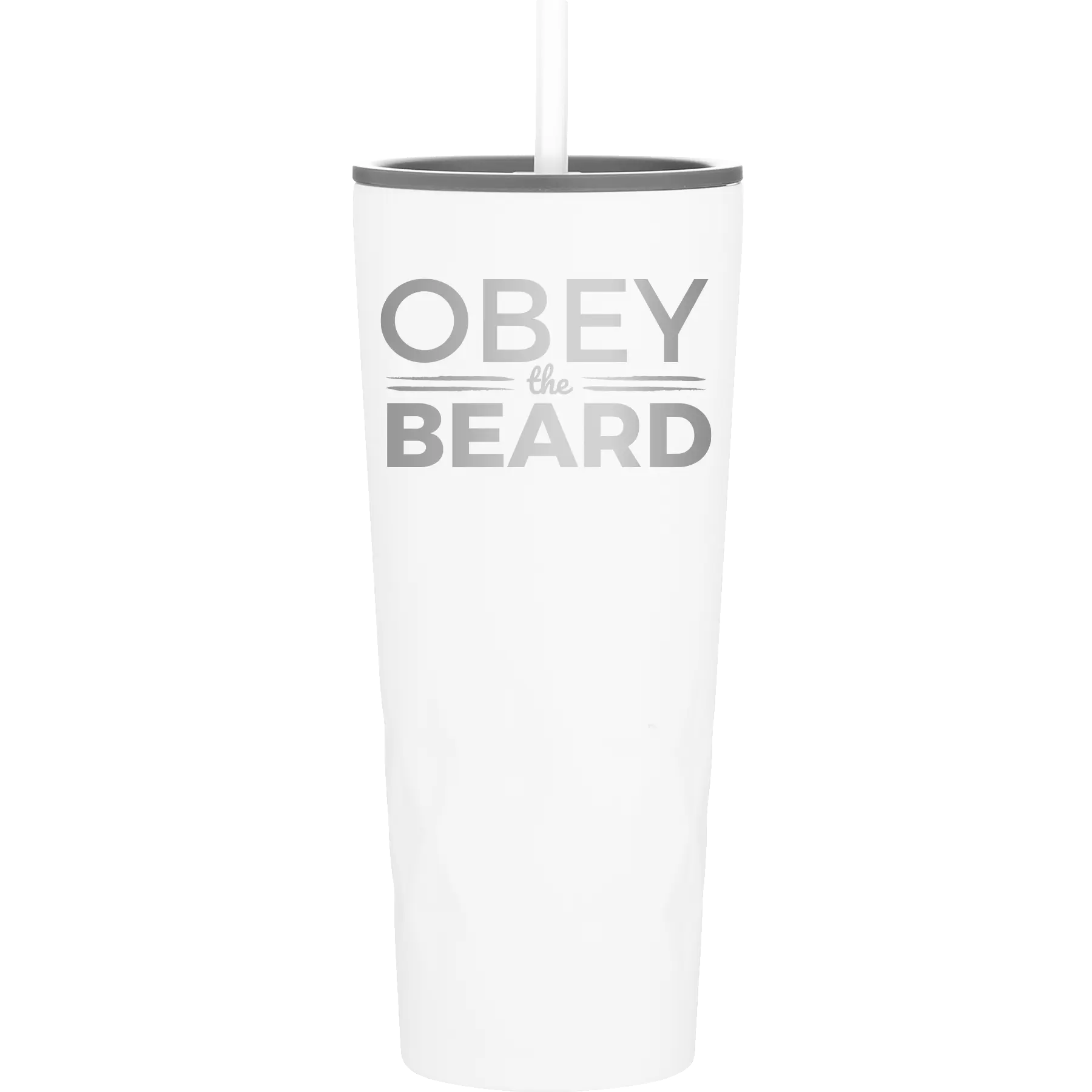 Laser etched white 20 oz vacuum insulated tumbler with 'Obey the Beard' design