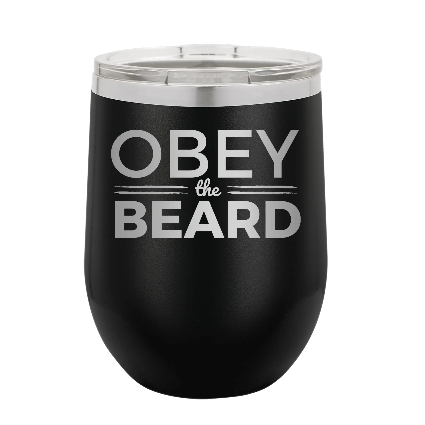 Laser etched black 12 oz vacuum insulated wine cup with 'Obey the Beard' design
