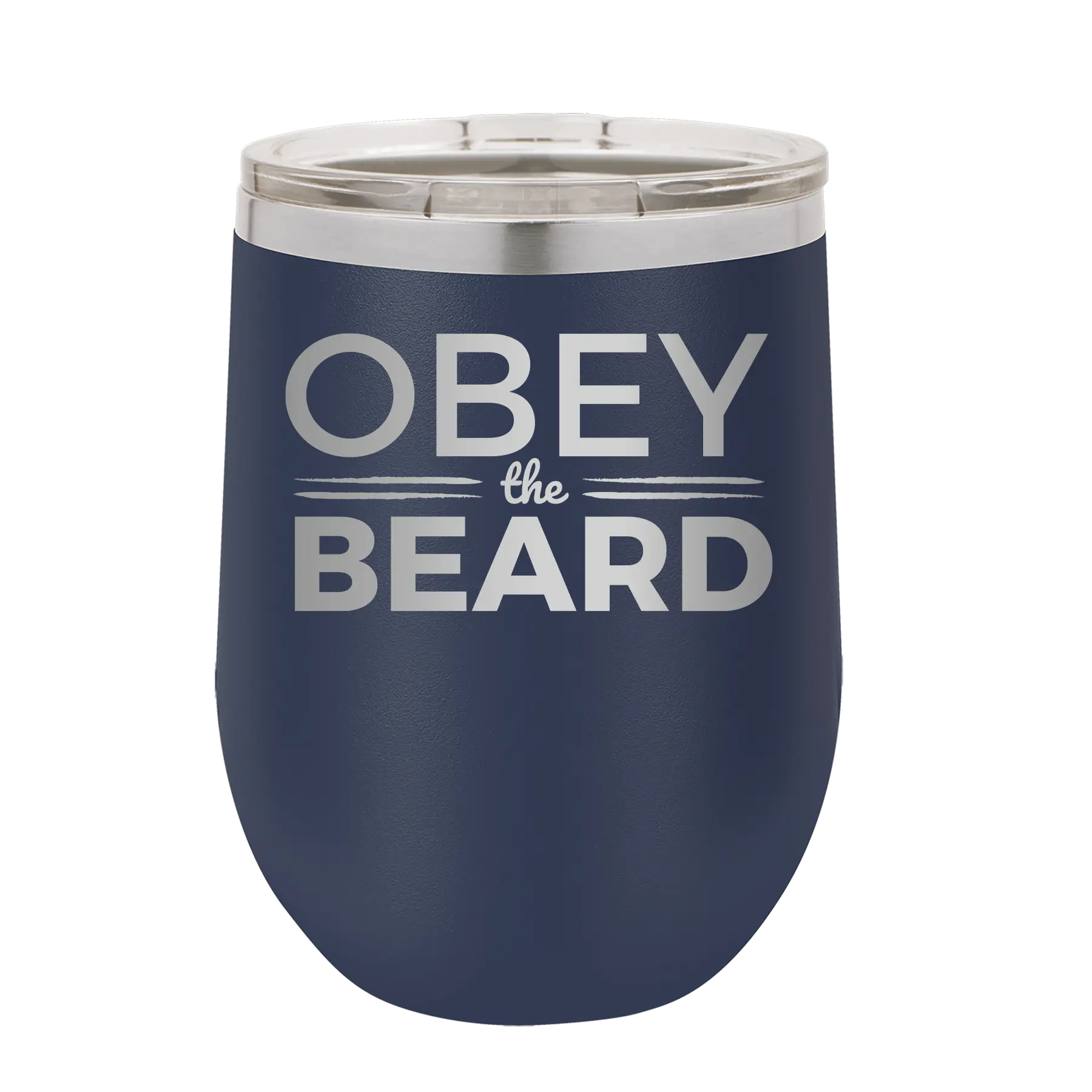 Laser etched navy 12 oz vacuum insulated wine cup with 'Obey the Beard' design