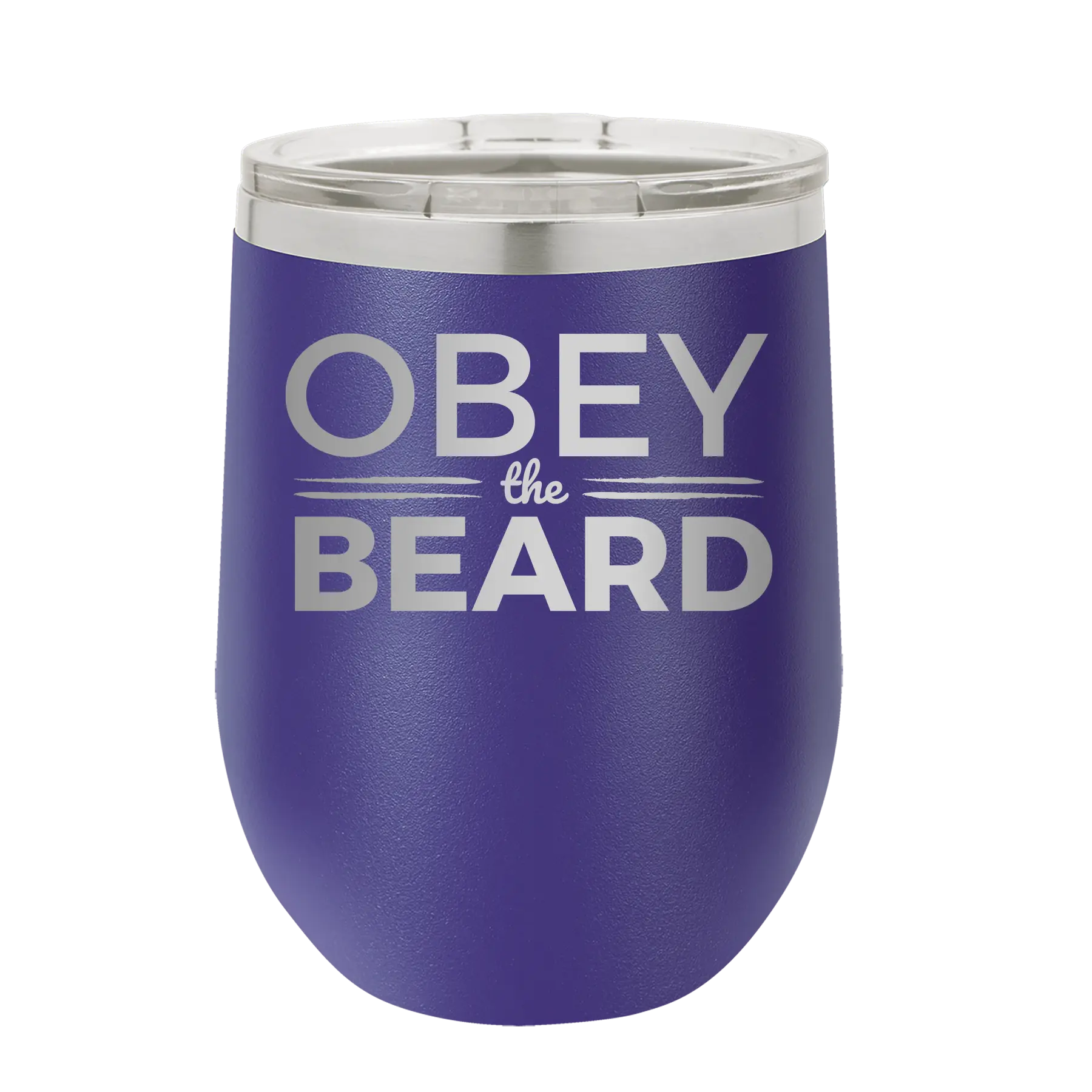 Laser etched purple 12 oz vacuum insulated wine cup with 'Obey the Beard' design