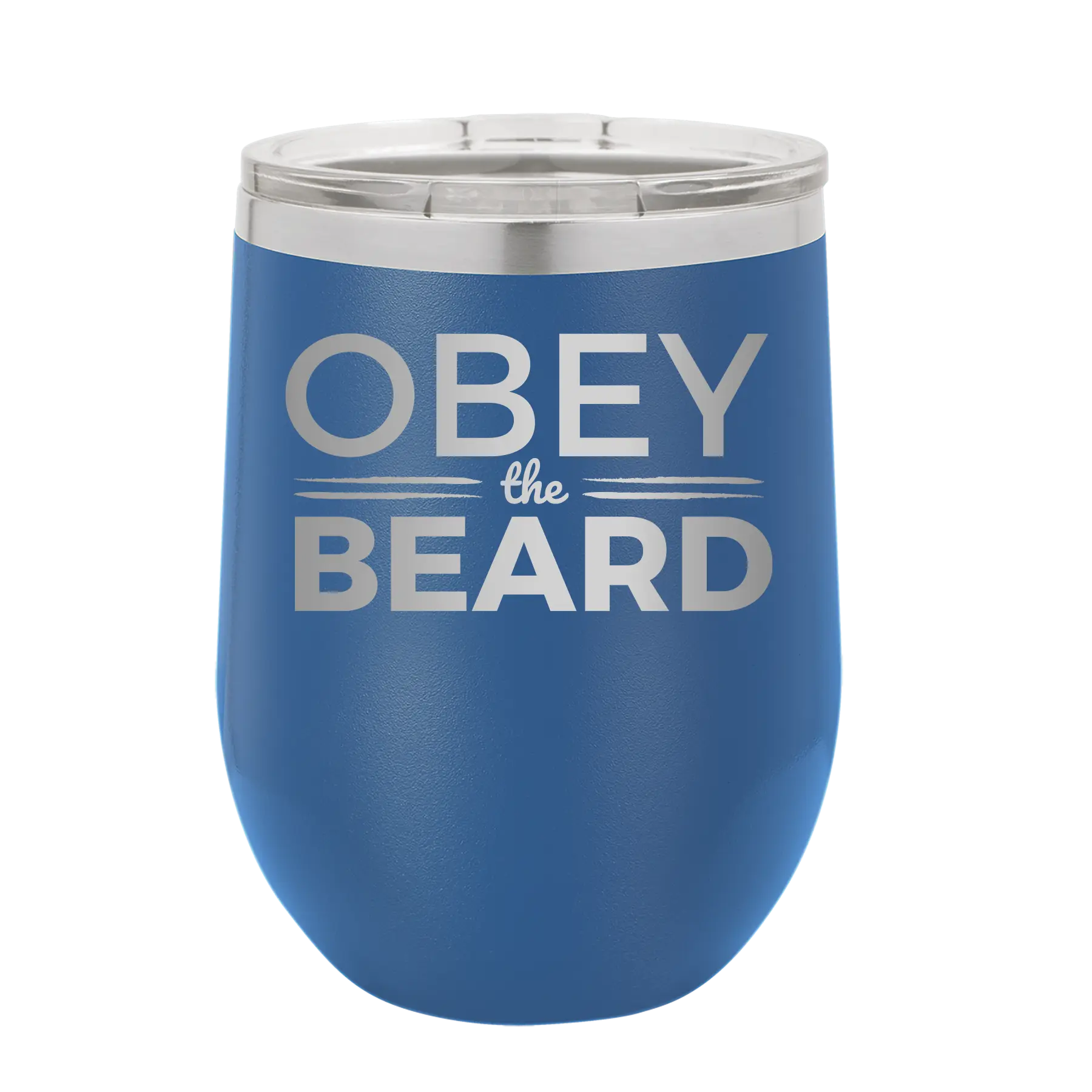 Laser etched royal blue 12 oz vacuum insulated wine cup with 'Obey the Beard' design