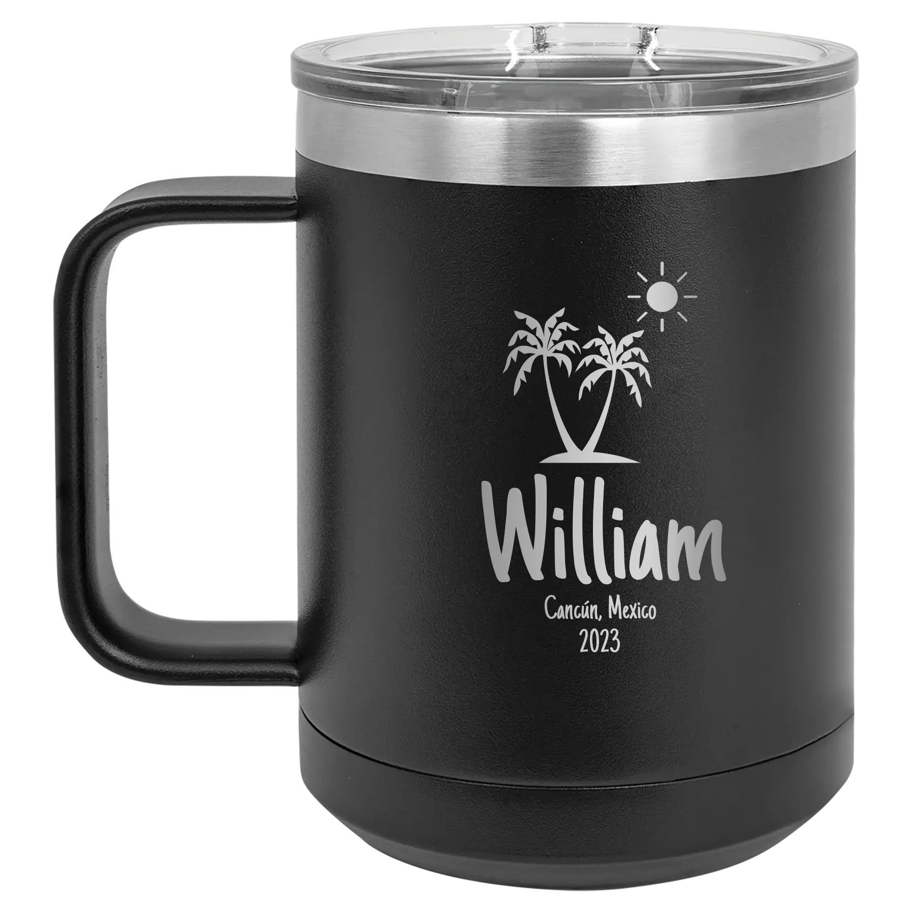 Personalized black 15 oz vacuum insulated coffee mug with 'Palm Trees' design