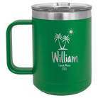 Personalized green 15 oz vacuum insulated coffee mug with 'Palm Trees' design