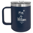 Personalized navy 15 oz vacuum insulated coffee mug with 'Palm Trees' design