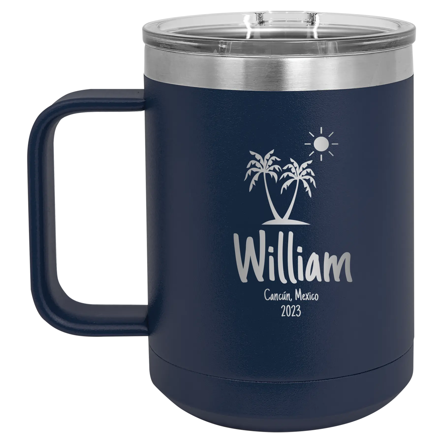 Personalized navy 15 oz vacuum insulated coffee mug with 'Palm Trees' design