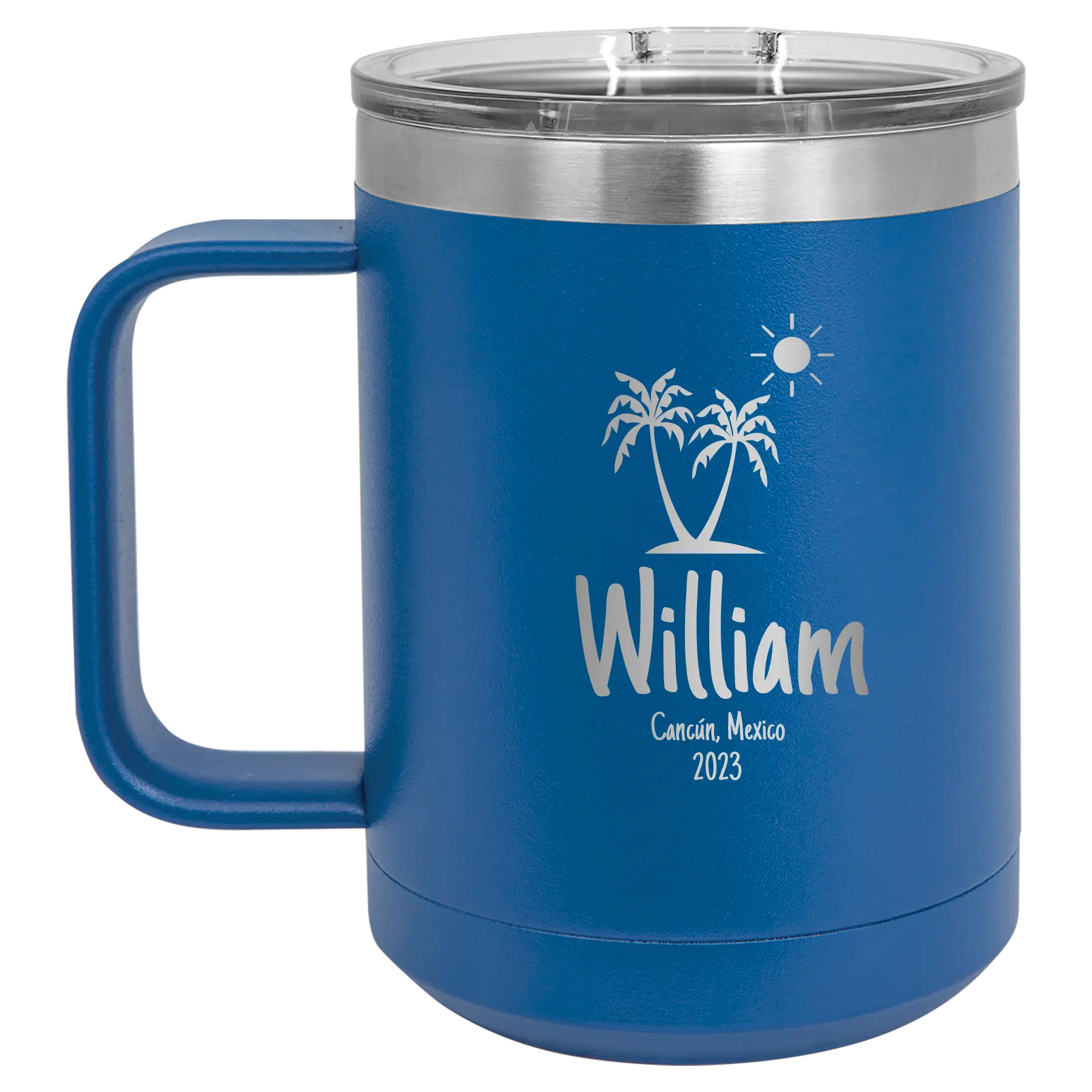 Personalized royal blue 15 oz vacuum insulated coffee mug with 'Palm Trees' design