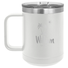 Personalized white 15 oz vacuum insulated coffee mug with 'Palm Trees' design