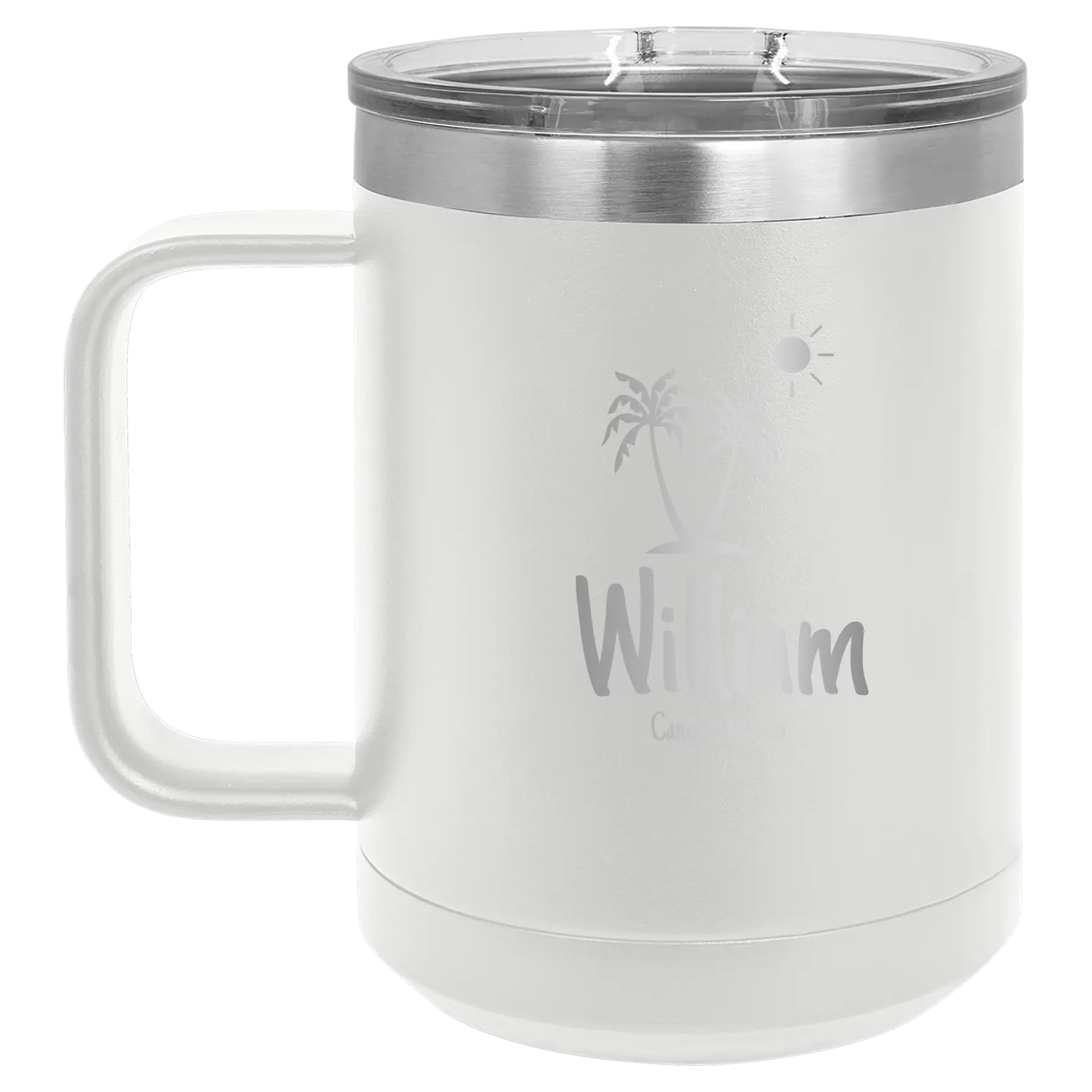 Personalized white 15 oz vacuum insulated coffee mug with 'Palm Trees' design