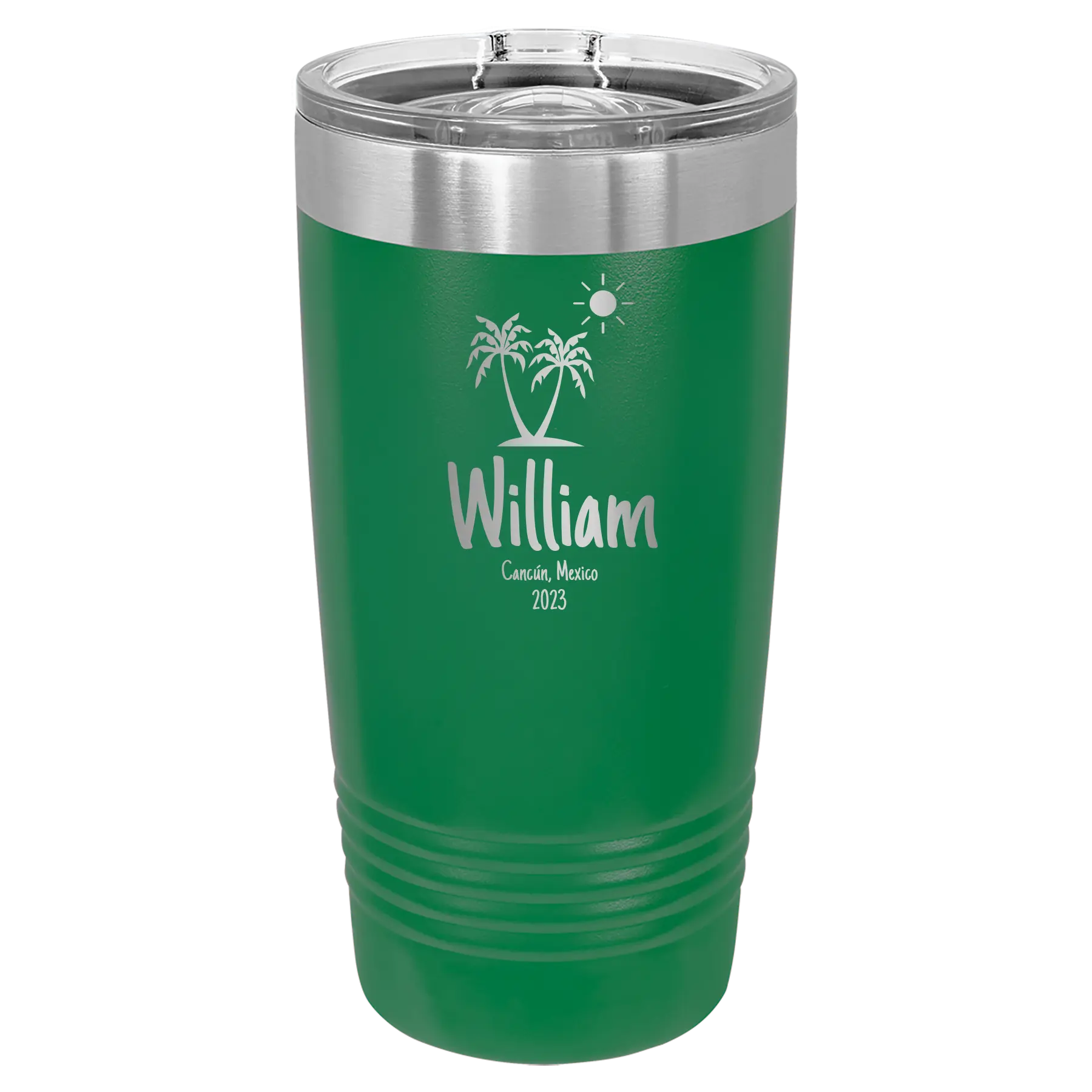 Personalized green 20 oz vacuum insulated tumbler with 'Palm Trees' design