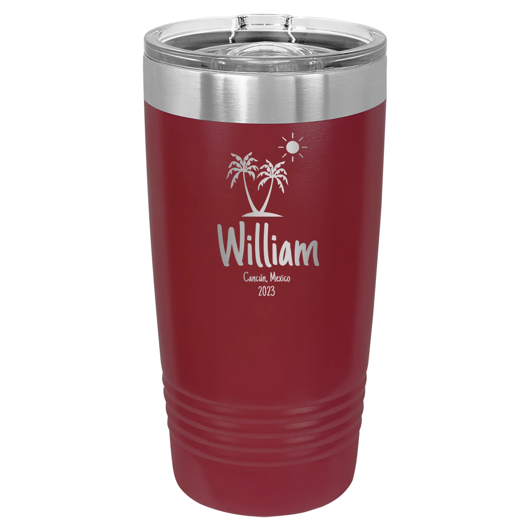 Personalized maroon 20 oz vacuum insulated tumbler with 'Palm Trees' design