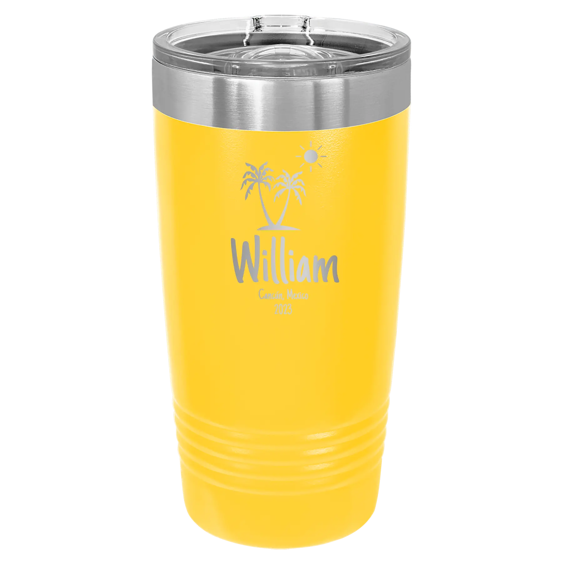 Personalized yellow 20 oz vacuum insulated tumbler with 'Palm Trees' design