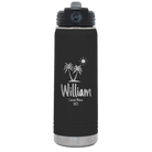 Personalized black 20 oz vacuum insulated water bottle with 'Palm Trees' design