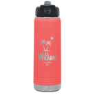 Personalized coral 20 oz vacuum insulated water bottle with 'Palm Trees' design