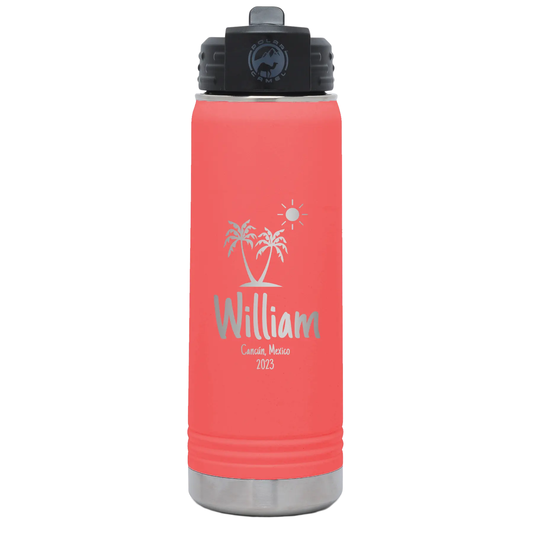 Personalized coral 20 oz vacuum insulated water bottle with 'Palm Trees' design