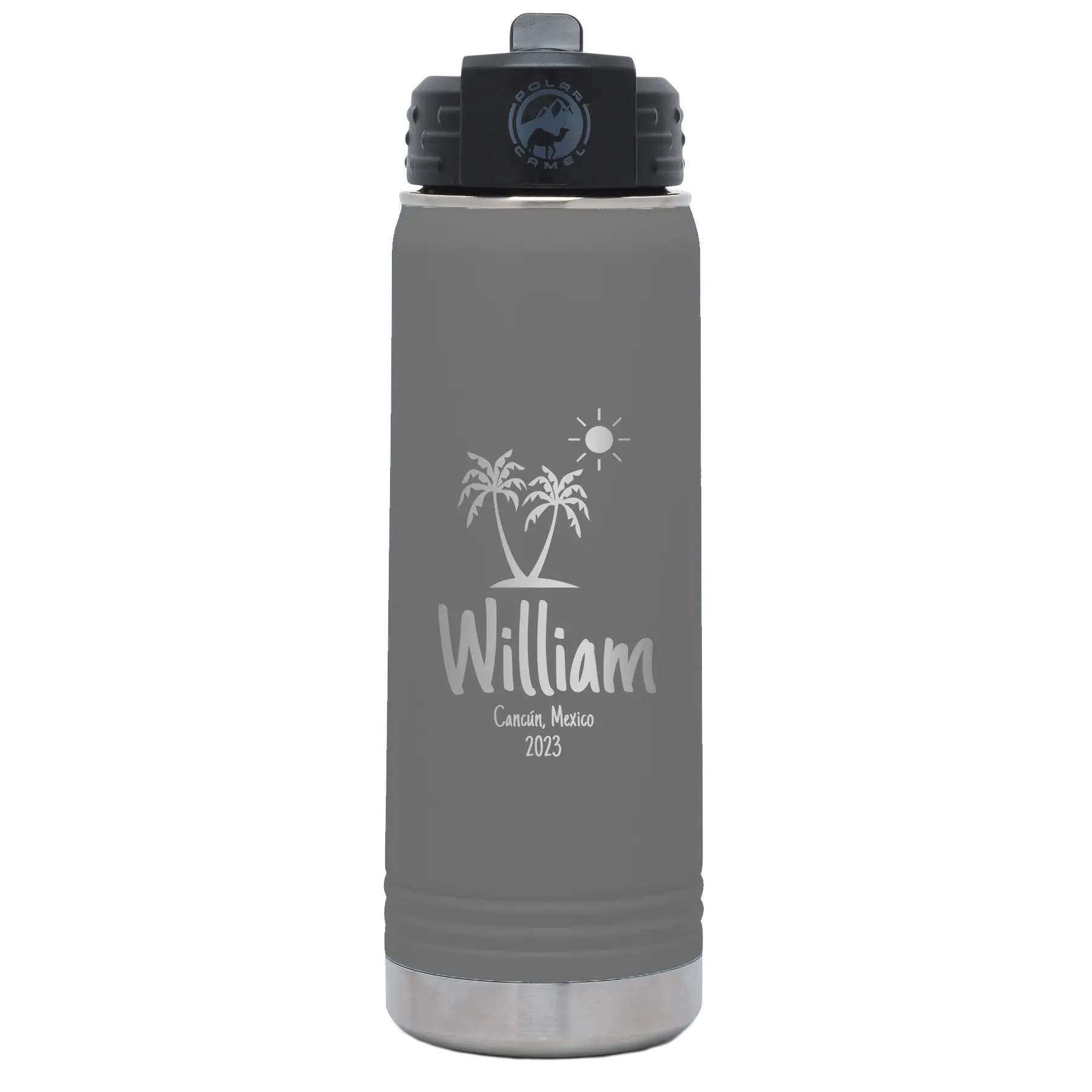 Personalized dark gray 20 oz vacuum insulated water bottle with 'Palm Trees' design