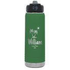 Personalized green 20 oz vacuum insulated water bottle with 'Palm Trees' design