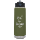 Personalized olive green 20 oz vacuum insulated water bottle with 'Palm Trees' design
