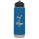 Personalized royal blue 20 oz vacuum insulated water bottle with 'Palm Trees' design