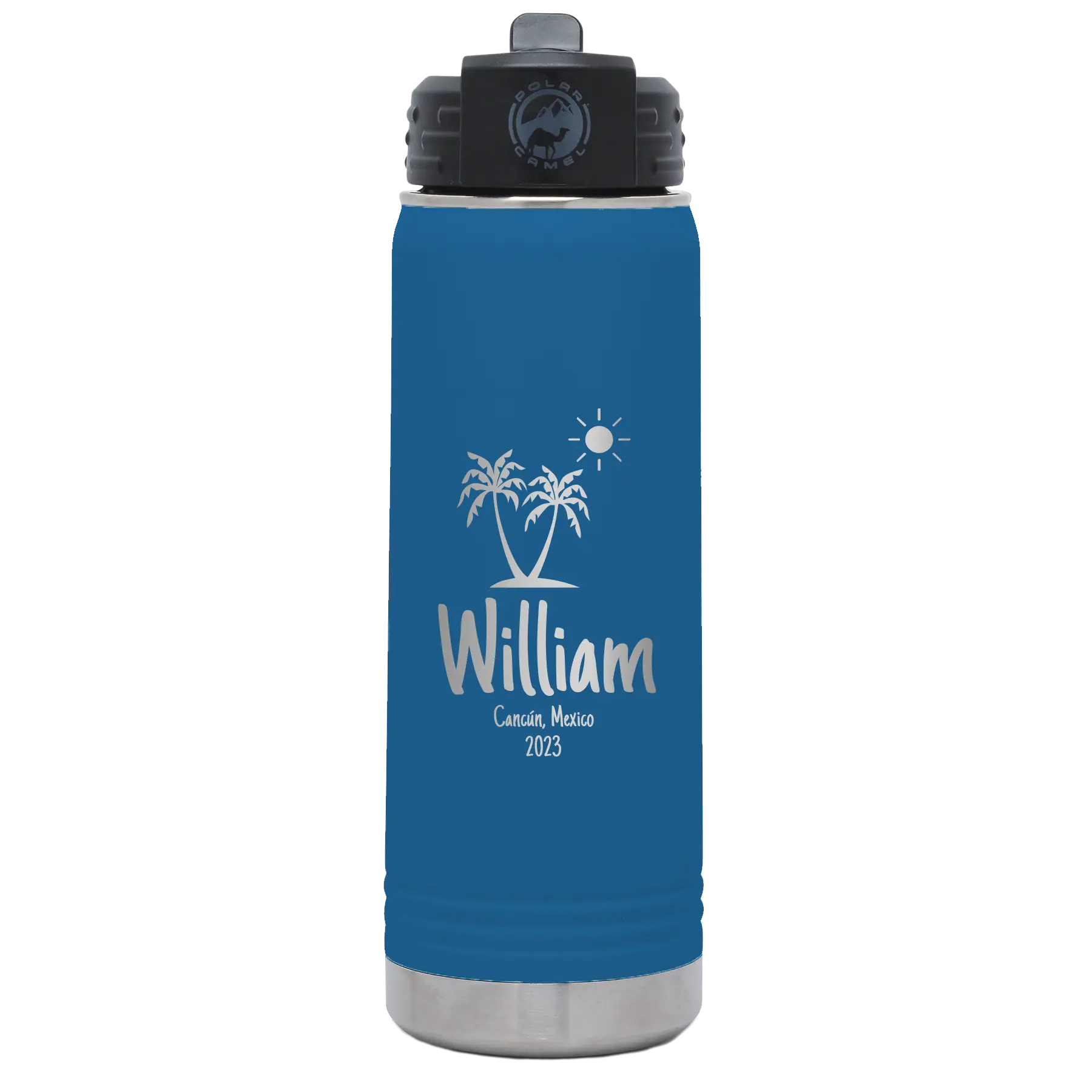 Personalized royal blue 20 oz vacuum insulated water bottle with 'Palm Trees' design