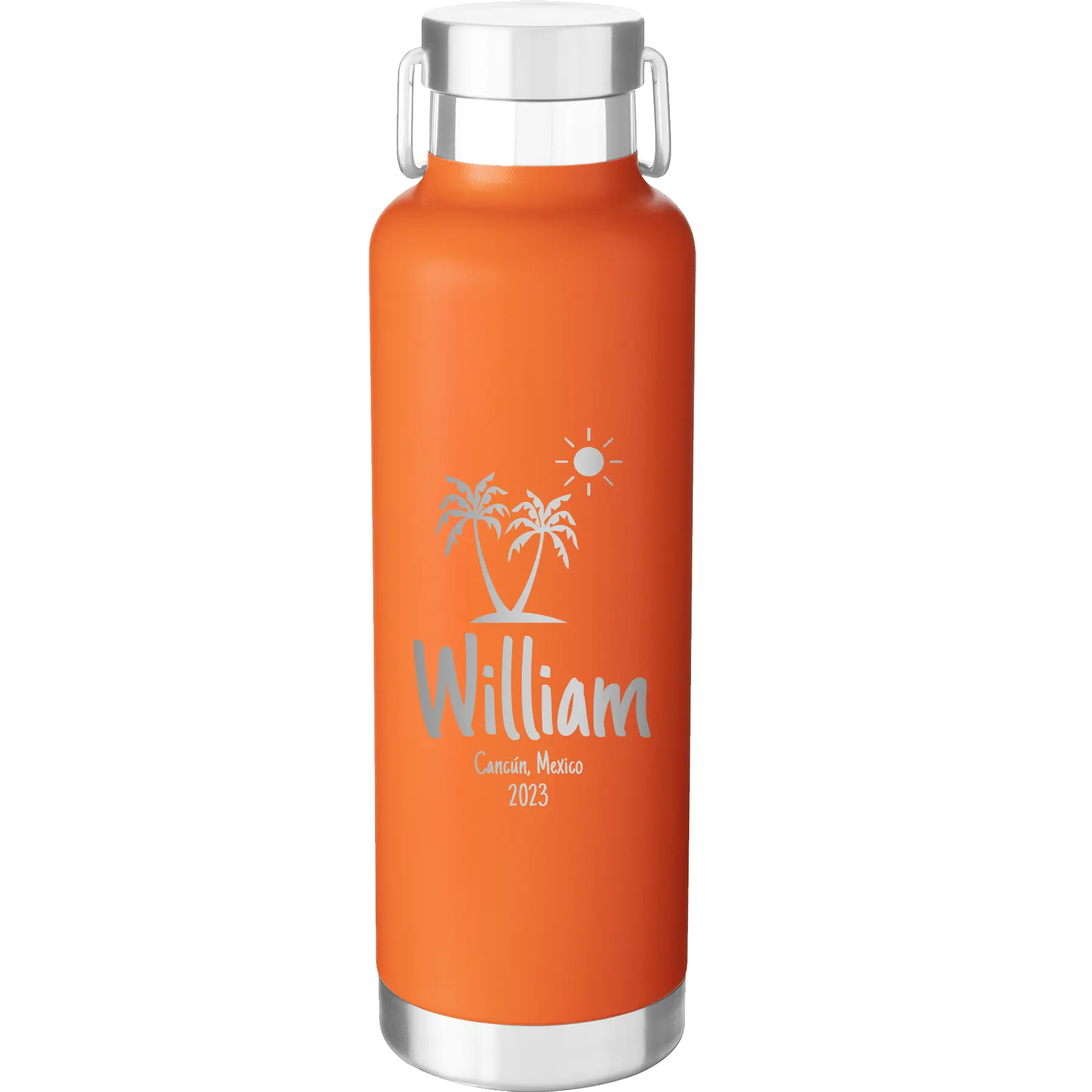 Personalized orange 24 oz vacuum insulated water bottle with 'Palm Trees' design
