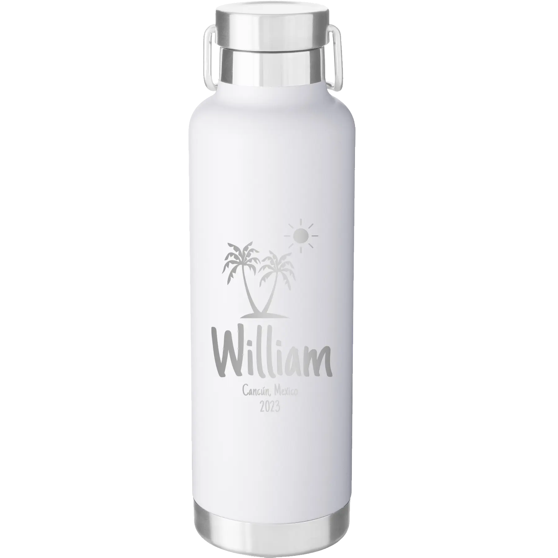 Personalized white 24 oz vacuum insulated water bottle with 'Palm Trees' design