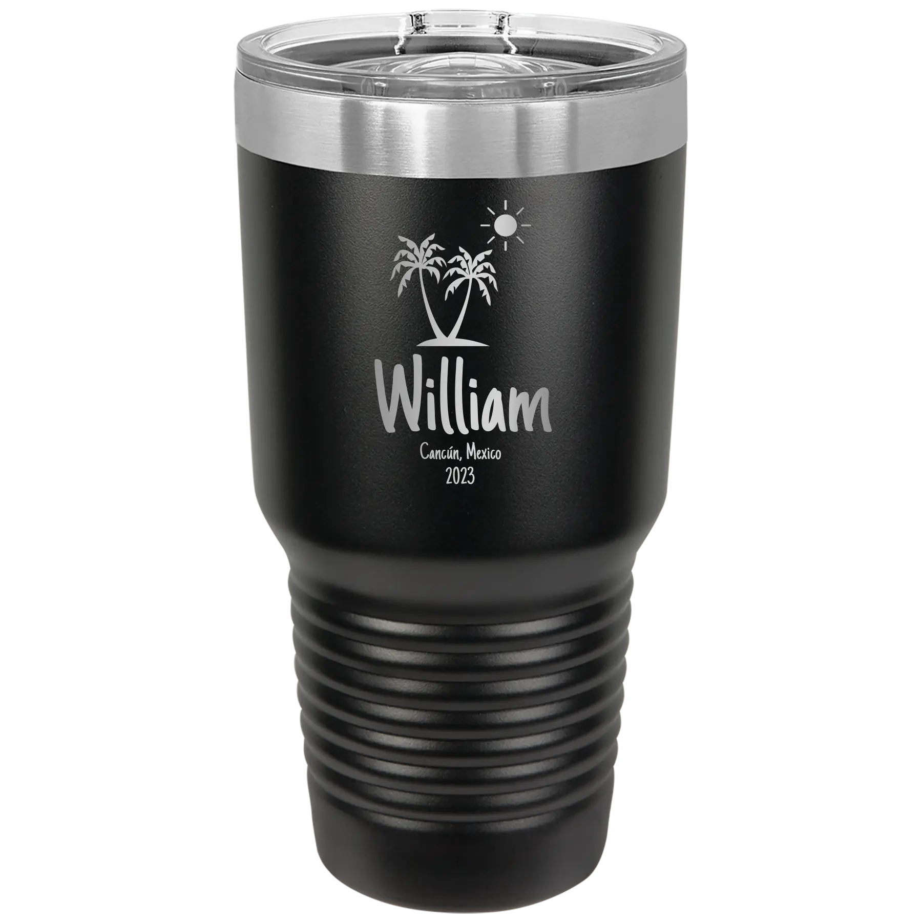 Personalized black 30 oz vacuum insulated tumbler with 'Palm Trees' design